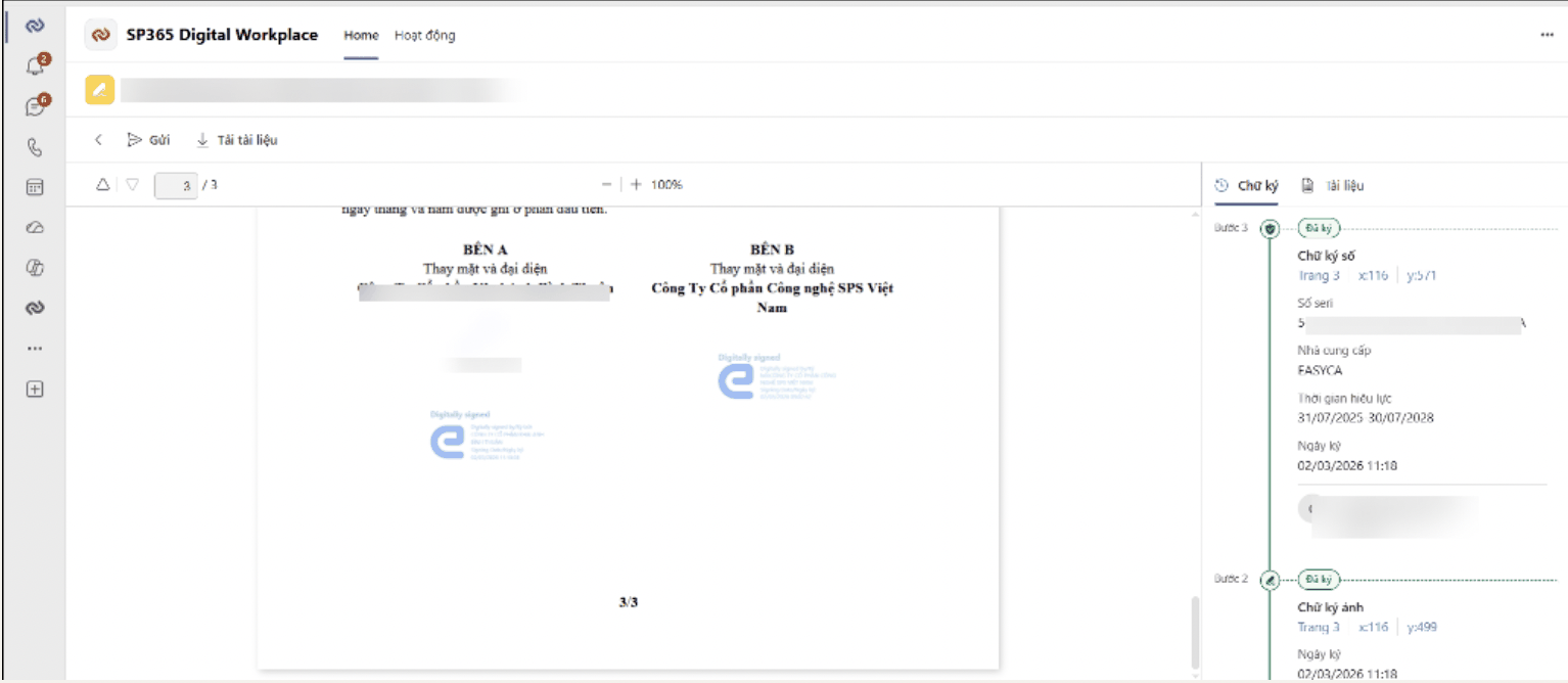 Màn hình ký số trên SP365 Digital Workplace trong Microsoft Teams: hợp đồng đã được hai bên ký số, bảng thông tin chữ ký gồm các bước ký, chữ ký số, nhà cung cấp CA, thời gian hiệu lực và ngày ký